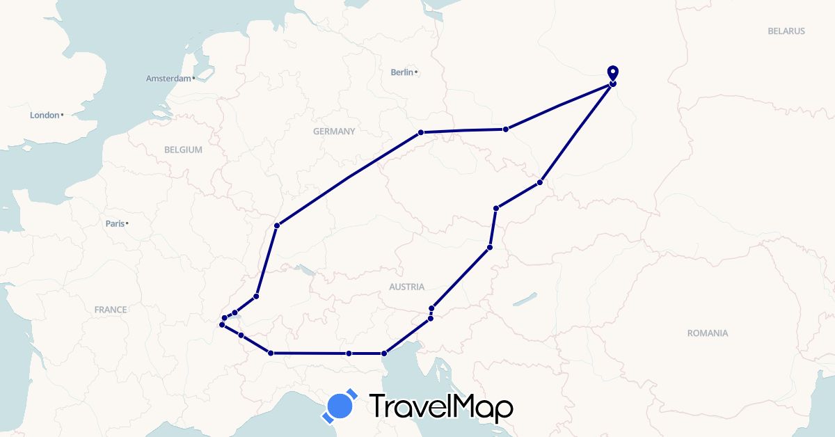 TravelMap itinerary: driving in Austria, Switzerland, Czech Republic, Germany, France, Italy, Poland, Slovenia (Europe)